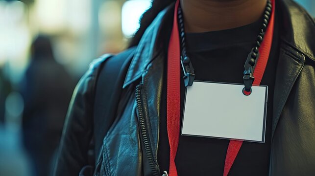 Close-up of a blank name tag worn by a person in a leather jacket
