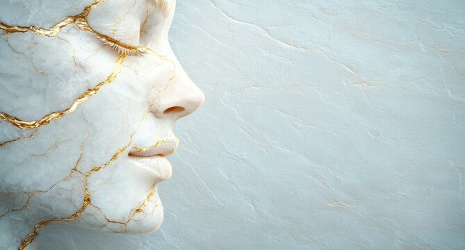 abstract marble face profile with golden cracks