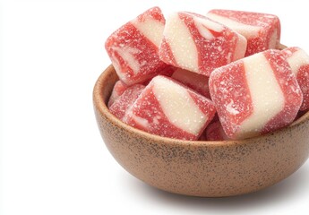Delicious red and white gummy candies in a bowl