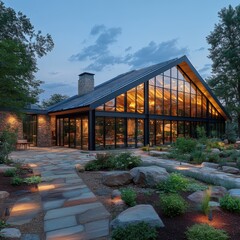 Fototapeta premium Modern Glass Facade Restaurant Building With Stone Patio and Landscape Lighting