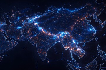 Asian Region Map with Glowing Connections for Global Digital Network