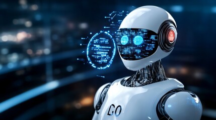 Fototapeta premium Futuristic AI Robot with Digital Interface and Code Artificial Intelligence Concept