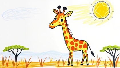 Fototapeta premium Colorful cartoon giraffe standing under a bright sun in a savanna landscape