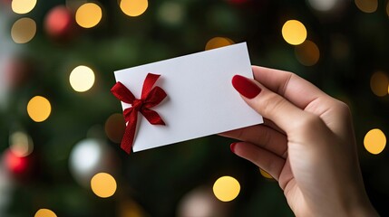 A hand holding a white card with a red bow against a blurred Christmas lights background.