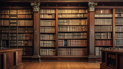 Obraz premium Wooden Bookcases Filled with Books in Library Setting