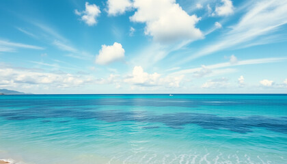Fototapeta premium Beachscape with pristine sand, turquoise waters, and a vibrant blue sky