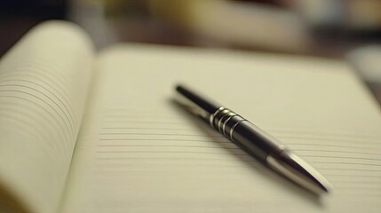 Silver Pen Resting on Open Lined Notebook