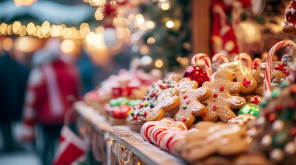 A festive display of decorated gingerbread cookies and candy canes at a holiday market, surrounded by twinkling lights and a cheerful atmosphere.
