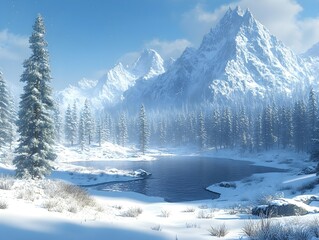 North American winter wilderness with snow-covered mountains rolling hills and dense forests under a clear sky evokes serenity and strength