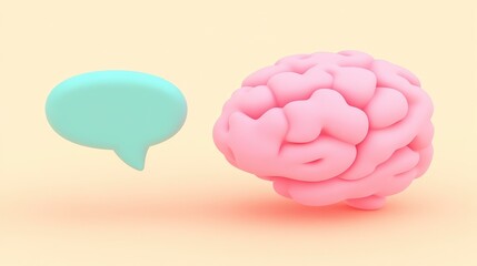 3D render of a pink brain and a blue speech bubble on a beige background.