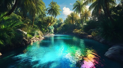 A serene tropical landscape featuring a sparkling blue river surrounded by lush greenery and palm trees under a clear sky.