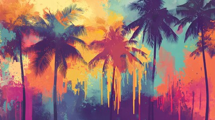 A vibrant, abstract artwork featuring palm trees against a colorful sunset backdrop.