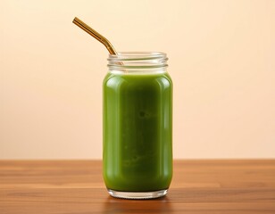 Green smoothie in a glass jar with a metal straw on wooden table, healthy drink photograph
