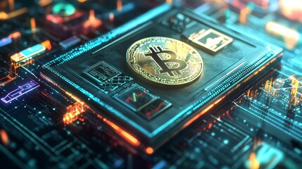 A digital representation of a Bitcoin on a circuit-like background, highlighting cryptocurrency technology and innovation.