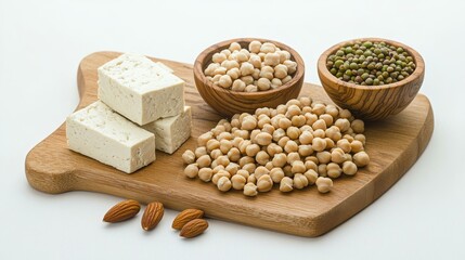 Selection of plant-based protein sources, including chickpeas, lentils, tofu, and various nuts, displayed on a Selection of plant-based protein sources, including chickpeas, lentils, tofu, and various