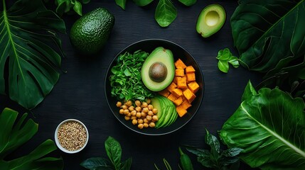 Top-down view of a colorful plant-based Buddha bowl with quinoa, roasted chickpeas, avocado, leafy greens, and sweet potato, arranged beautifully on a rustic table
