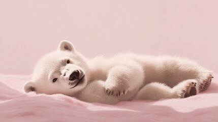 Fototapeta premium Adorable Polar Bear Cub Sleeping on Pink Blanket