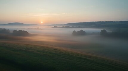 A serene sunrise over a misty landscape, with soft hues illuminating the horizon and creating a tranquil ambiance.