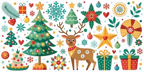 Naklejka premium Festive Collection of Christmas Icons - New Year and Winter Season Illustrations for Holiday Cheer and Seasonal Celebrations