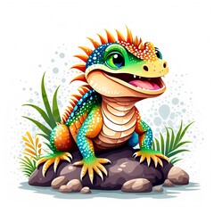 Fototapeta premium A iguana with scaly skin basking on a warm rock in the sun