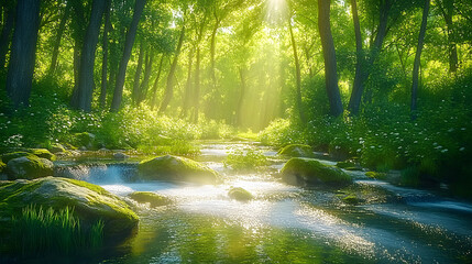 Fototapeta premium A clear water stream meandering through a vibrant green forest with lush foliage and sunlight dappling the water Stock Photo with copy space
