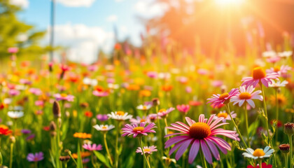 Obraz premium A field of white daisies and yellow blooms stretches towards a clear blue sky