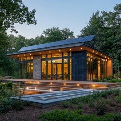 Fototapeta premium Modern Sustainable Home with Solar Panels and Deck Lighting