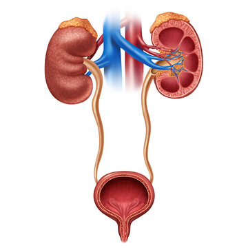 Urinary tract human body anatomy system for producing storing and eliminating urine with the kidneys ureters bladder and the urethra to remove waste from the blood.