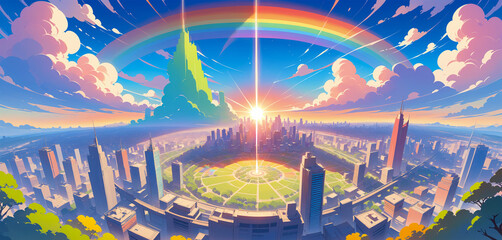 Obraz premium A futuristic city with a rainbow in the sky.