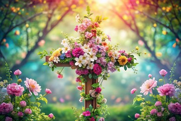 Floral Cross Illustration in Tilt-Shift Photography Style for Spiritual Symbolism, Colorful Blooms, Artistic Design, Nature-Inspired Artworks, Seasonal Decor, and Religious Themes