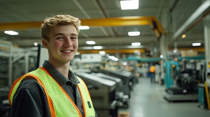 Vibrant Team Spirit: Cheerful Technician in Safety Vest Engages Colleagues in Dynamic Production Area - Perfect for Sports Interiors and Workplace Motivation Posters!