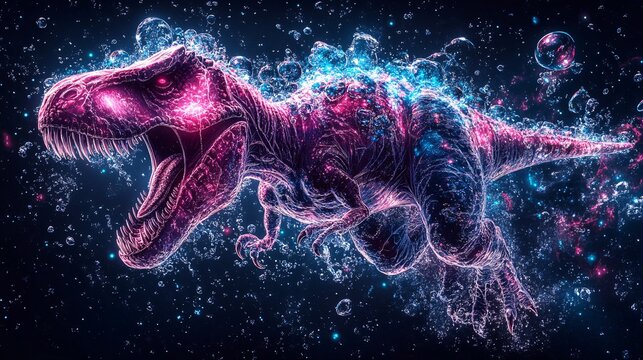 A t-rex made of clear ice, covered in neon pink and blue water droplets on its skin, isolated dark background. 