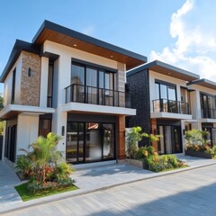 Fototapeta premium Modern Luxury Townhouses with Balconies and Landscaping