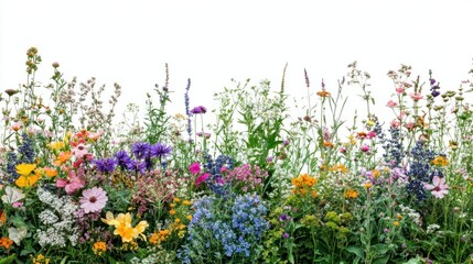 Fototapeta premium Assorted flower garden with a mix of wildflowers isolated against white background