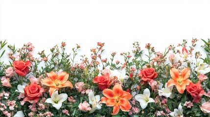 Fototapeta premium Beautiful flower garden filled with roses and lilies, isolated on white