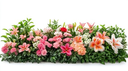 Fototapeta premium Beautiful flower garden filled with roses and lilies, isolated on white