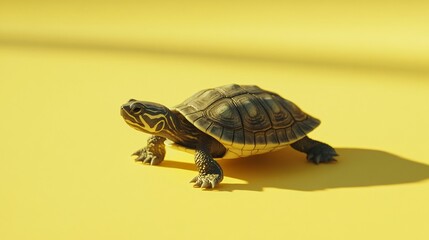 Obraz premium Small Turtle Crawling on Yellow Background