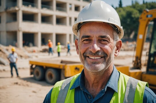 Close portrait of a smiling senior Israeli man construction worker looking at the camera, Israeli outdoors construction site blurred background