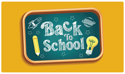 Chalkboard on yellow background. Scribbles of rockets, planets, pens, and light bulbs on a blackboard. Back To School concept. Flat vector illustration.