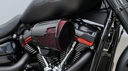 Obraz premium Closeup of a Black Motorcycle Engine with a Red Air Filter