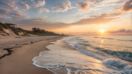 Scenic beach at sunset, waves gently rolling in, with colorful clouds