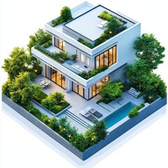 Fototapeta premium Modern Luxury Home with Pool Patio and Lush Garden
