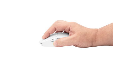 Side view of hand using  white wireless gaming mouse isolated on white background. while working on...