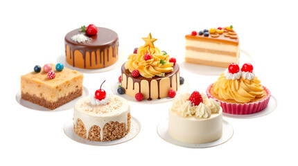 Delicious assortment of colorful christmas cakes perfect for celebrations isolated on transparent white background, png