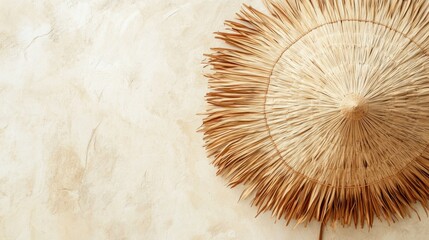 Classic straw beach umbrella with vintage texture on plain white background