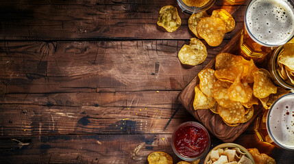 Fototapeta premium Potato Chips and Beer Snacks: Potato chips, beer snacks, and sauce on a cutting board, on a wooden background, with space for text.