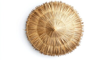 Classic straw umbrella viewed from above, isolated on white background
