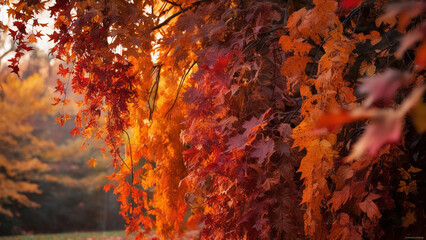 Amidst the vibrant cascade of autumn leaves, with warm golden light filtering through the dense foliage, nature's beauty shines in rich hues of burnt orange, amber, and crimson, evoking a sense of coz