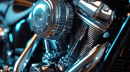 Close-up of a Shiny Chrome Motorcycle Engine with Blue Highlights