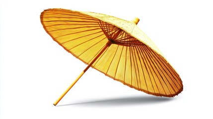 Classic sun shade straw umbrella isolated on white with slight shadow underneath